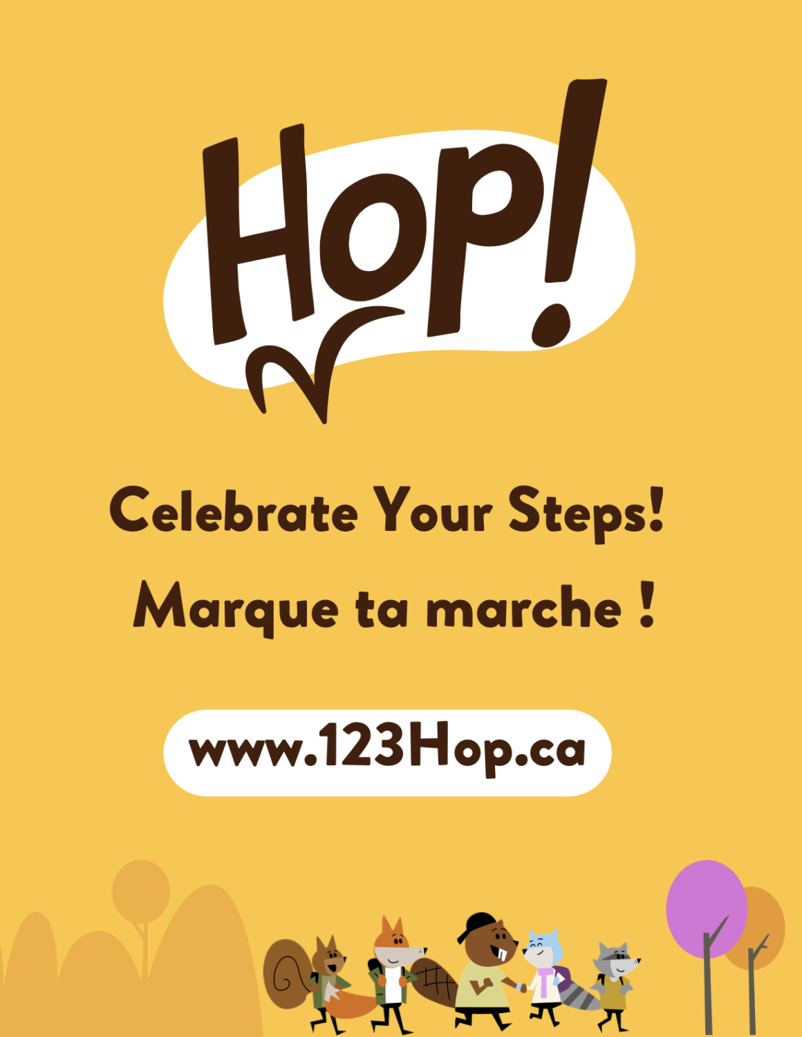 Vignette d'une affiche jaune bilingue se lisant "Hop! Marque ta marche!"