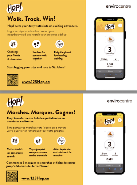 Vignette d'une carte promotionnelle bilingue pour l'appli Hop!