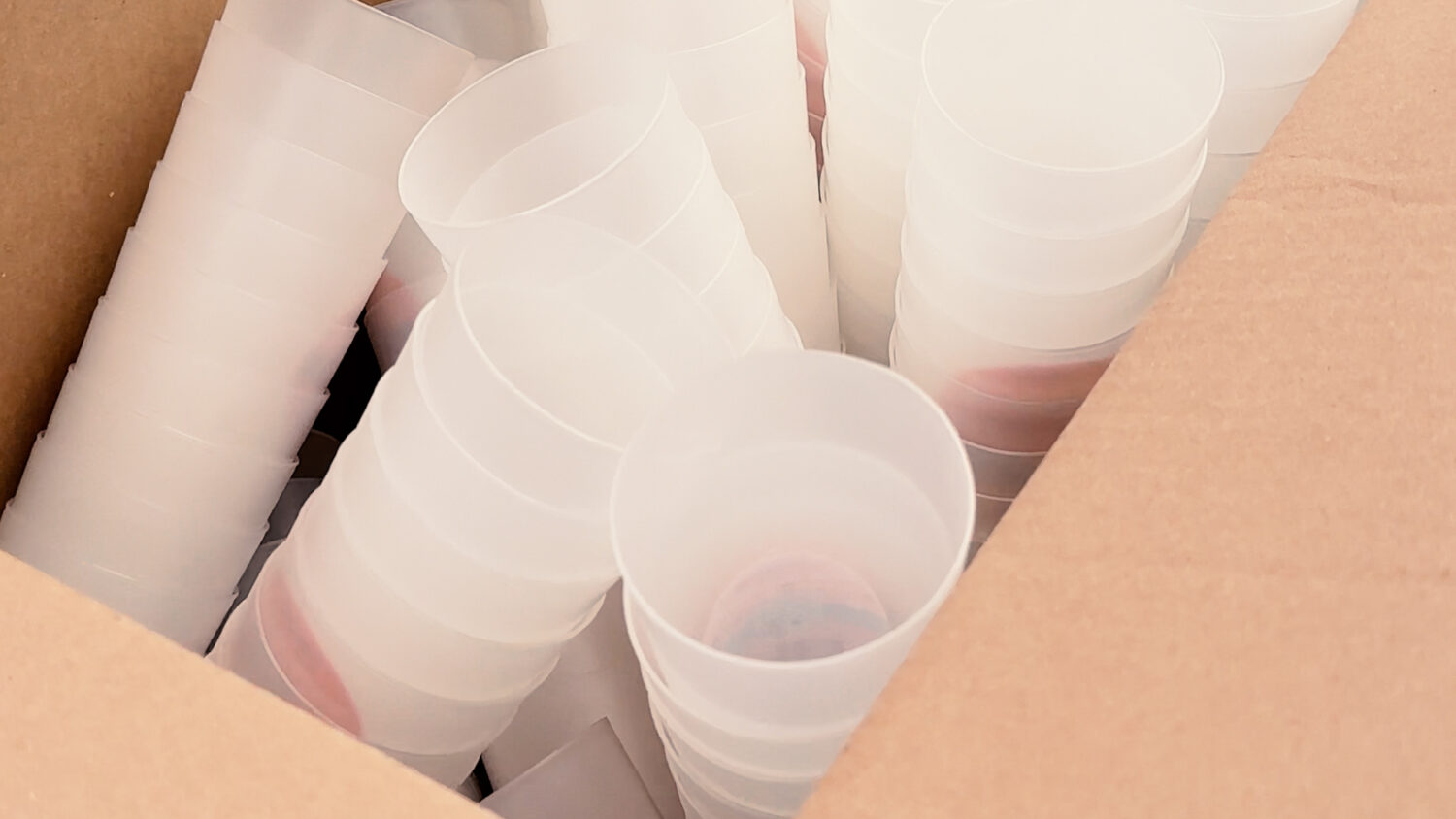 Clean reusable cups are stacked in a box. Photo by Craig Conoley/EnviroCentre.